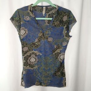 Lucy + Fiona V-Neck Blouse Short Slve Nylon Mesh Lined Fitted Top Womens Large